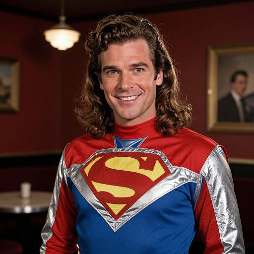 Photograph of a smiling man with long brown hair, wearing a Superman costume with red, blue, and silver, in a dimly lit room with