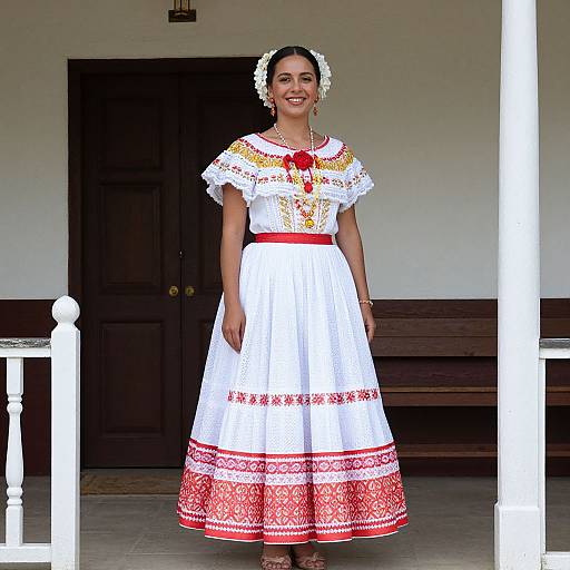 Photograph of a smiling woman in a white, red-embroidered, traditional dress with a floral crown, standing in front of a dark wooden
