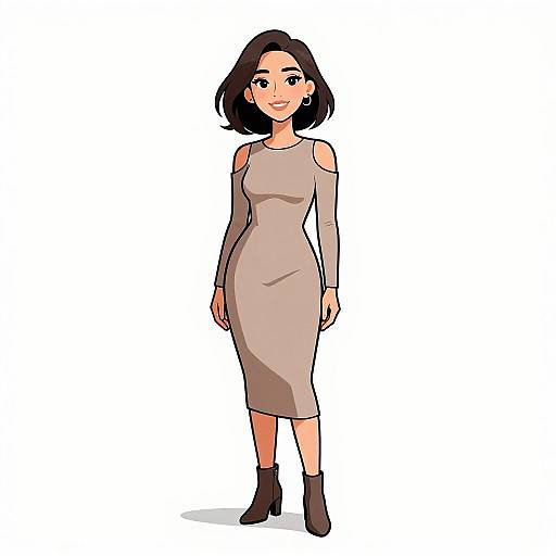 Digital illustration of a smiling woman with short black hair, wearing a beige, long-sleeve, off-shoulder dress and brown ankle boots,