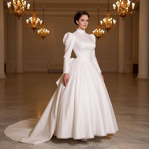 Photograph of a dark-haired woman in a white, long-sleeved, high-neck, full-skirted wedding gown with subtle texture, standing