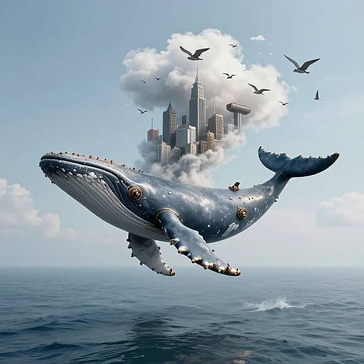 Digital artwork of a massive whale with skyscrapers emerging from its back, floating in the ocean under a blue sky. Birds fly above the cloud-covered