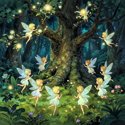 Digital illustration of seven glowing fairy children with translucent wings, blonde hair, and white dresses, dancing around a large, enchanted forest tree illuminated by fireflies