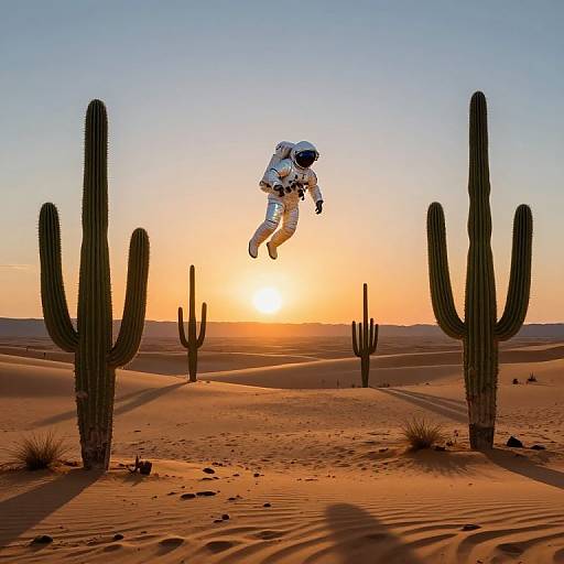 Photograph of an astronaut in a white spacesuit jumping mid-air over a desert with tall cacti at sunset, casting long shadows.