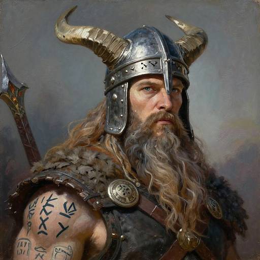 Digital painting of a Viking warrior with long beard, horned helmet, fur cloak, and tattooed arm, holding a sword. Dark, muted background