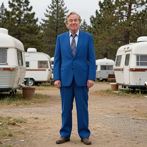 Photograph of an older white man in a blue suit, patterned tie, standing in front of several white RVs in a wooded campsite.