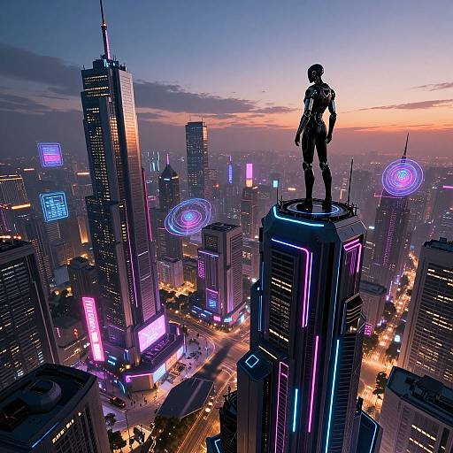 Cyberpunk cityscape at dusk with neon lights, futuristic skyscrapers, and a silhouetted figure standing on a rooftop, overlooking a