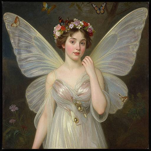 Digital painting of a fair-skinned, young woman with translucent, butterfly-adorned wings, wearing a delicate, sheer, white dress and floral crown
