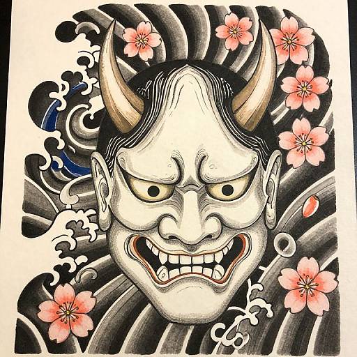 Traditional Japanese woodblock-style drawing of a fierce oni mask with sharp horns, aggressive expression, surrounded by pink cherry blossoms and dynamic black waves.
