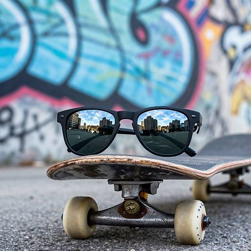 Photograph of reflective black sunglasses on a skateboard, with graffiti-covered wall and urban reflection in the background. Skateboard's white wheels are prominent in the