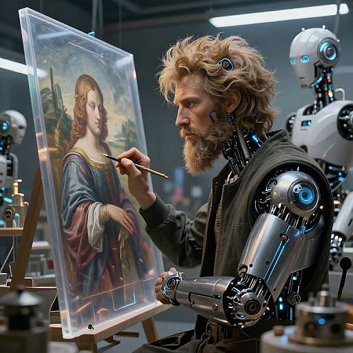 Cyborg artist with robotic arms painting a digital portrait of a Renaissance-style woman, surrounded by futuristic robots in a high-tech studio.