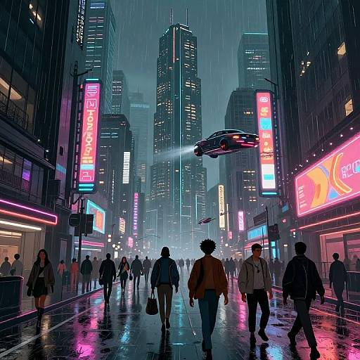 Digital art of a rainy, neon-lit city street at night, crowded with people, tall skyscrapers, vibrant signs, and a flying car