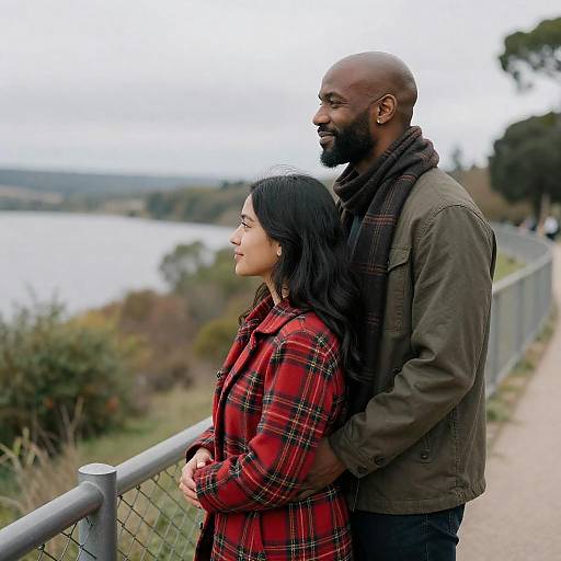 Photograph of a bald, bearded Black man in a green jacket and dark scarf standing behind an Asian woman with long black hair in a red pl