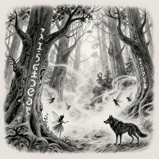 Black-and-white digital drawing of a forest with twisted trees, fairy-like creatures, and a wolf. Text 