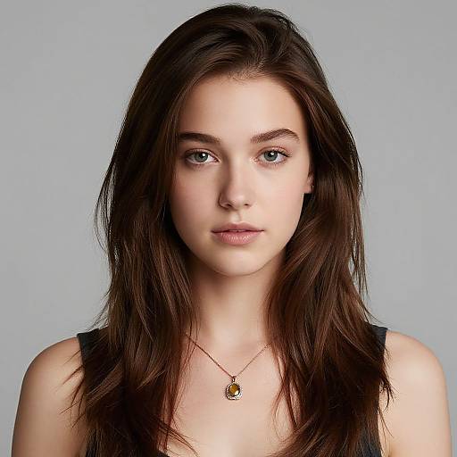 Photograph of a young woman with fair skin, blue eyes, and long, dark brown hair wearing a black sleeveless top and a gold pendant necklace