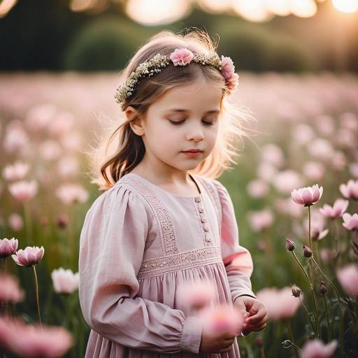 Little Girl in Flower Field at Sunset