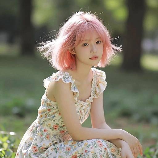 Pink-Haired Girl in Lush Garden