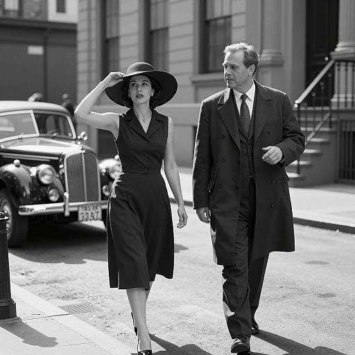 Vintage Style Couple Walking on City Street
