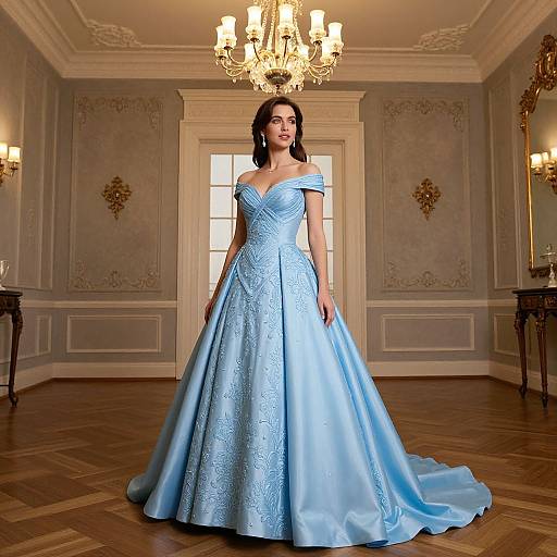 Photograph of a dark-haired woman in an off-the-shoulder, light blue, floral-embroidered ball gown, standing in an elegant