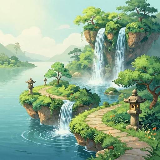 Colorful digital painting of a serene landscape with two cascading waterfalls, lush greenery, stone lanterns, and a winding path over rocky cliffs
