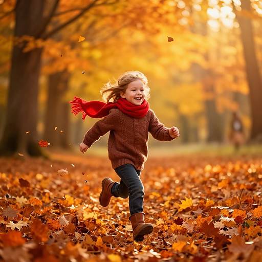 Photograph of a laughing, blonde-haired child in brown sweater, red scarf, and blue jeans, running through an autumn forest with golden leaves.