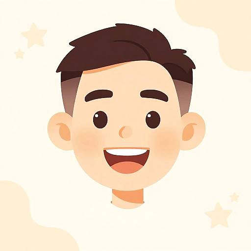 Cartoon-style digital drawing of a smiling young man with short black hair, light skin, black eyes, and a white shirt.