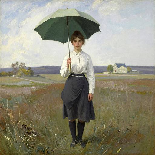 Oil painting of a young girl with brown hair, white blouse, navy skirt, and black socks, holding a green umbrella, standing in a grassy
