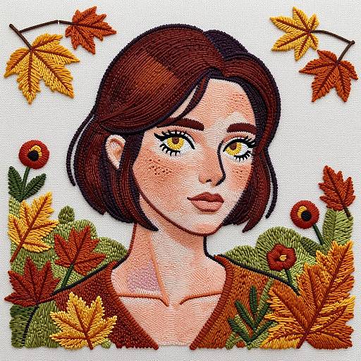 Embroidered Appliqué Woman in Fall Garden