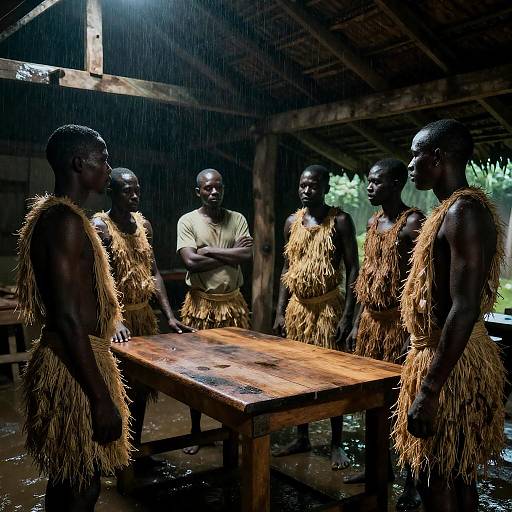 Mysterious Discussion in a Rustic Hut