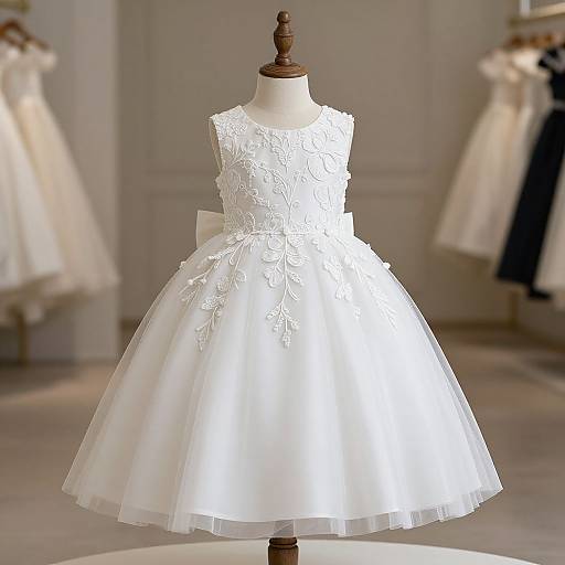 Photograph of a white, sleeveless, floral-embroidered, knee-length wedding dress displayed on a wooden mannequin in a softly lit