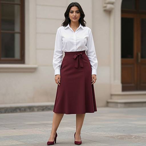 Photograph of a young woman with medium-length black hair, wearing a white blouse, maroon skirt with bow, and maroon heels, standing confidently