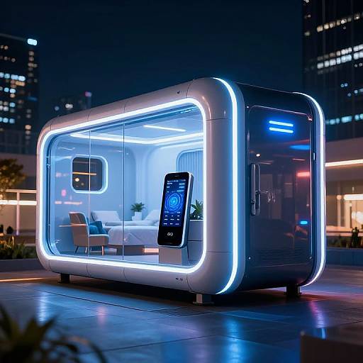 Photograph of a futuristic, glowing, LED-lit, compact, modern pod house at night in an urban setting, with a tablet displaying a fingerprint