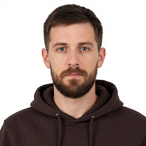 Photograph of a bearded man with short dark brown hair, blue eyes, and fair skin, wearing a black hooded sweatshirt, against a
