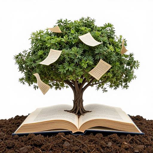 Digital illustration of a tree with green leaves growing from an open book, with pages floating in the air, set against a white background and rooted in dark