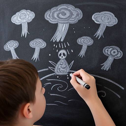 Child with brown hair draws white chalk mushrooms and a smiling figure on a blackboard, holding a black marker.