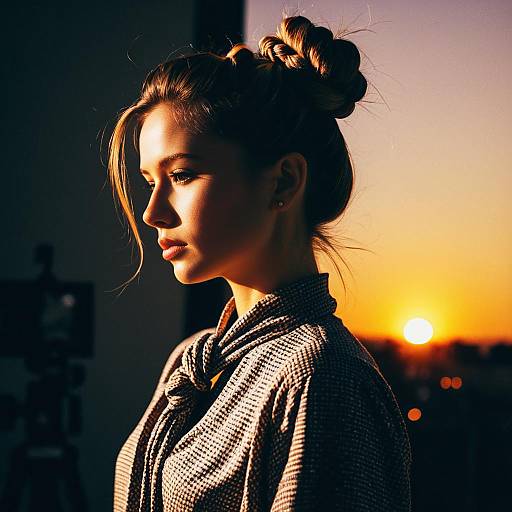 Profile of Woman with Knotted Bun Hairstyle at Sunset