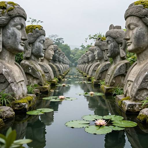 Photograph of a serene garden with a row of stone Buddha heads on either side of a reflective waterway, adorned with lotus flowers and lily