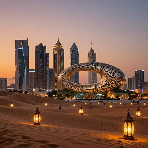 Photograph of a sunset-lit cityscape with a large, illuminated Arabic calligraphy ring sculpture in a sandy desert, surrounded by tall, modern skys