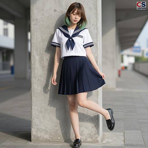 Asian Woman in Sailor School Uniform Against Concrete Pillar