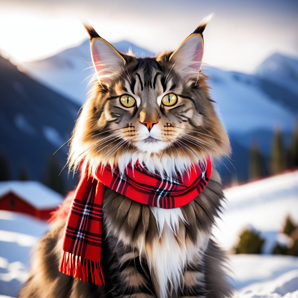 Maine Coon Cat in Snowy Mountain Scene