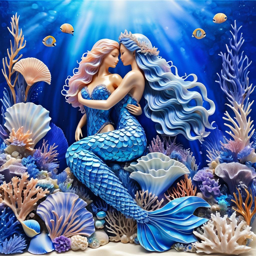 Dreamy Sapphire Mermaid Embracing Human