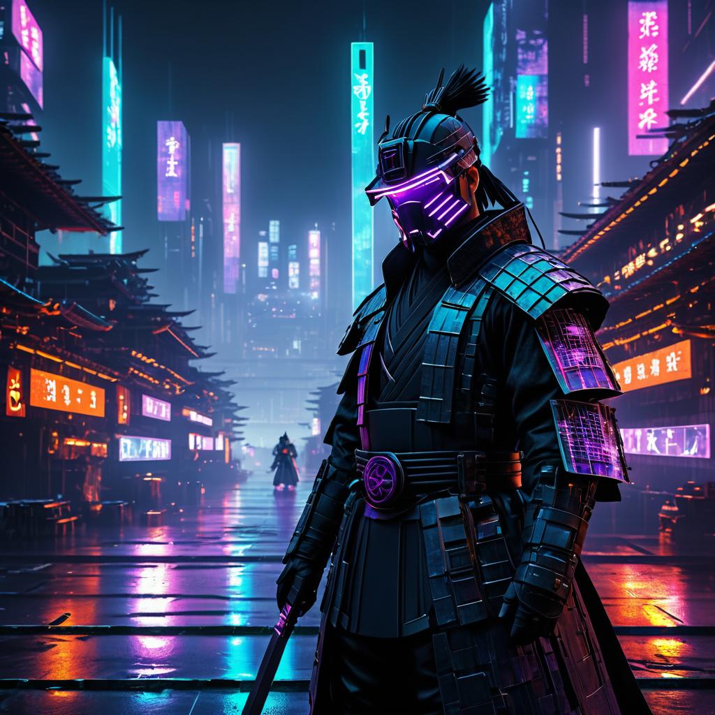 Cyberpunk Samurai in Industrial Cityscape