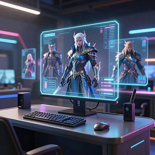 CGI image of a futuristic, neon-lit gaming setup with a digital screen displaying a white-haired, armored character, flanked by similar screens and