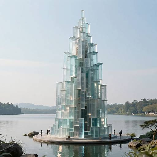 Photograph of a modern, glass pyramid sculpture with illuminated layers, standing on a circular platform in a calm lake. Small figures stand around it, with