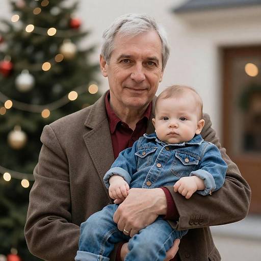 Grandfather Holding Baby by Christmas Tree