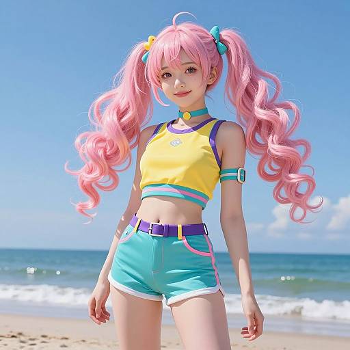 Anime Style Girl with Pink Twin-Tails on Beach