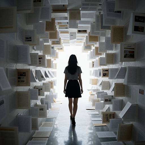 Photograph: Silhouetted woman with long hair and short skirt walks through tunnel of floating white papers, bright light at end.