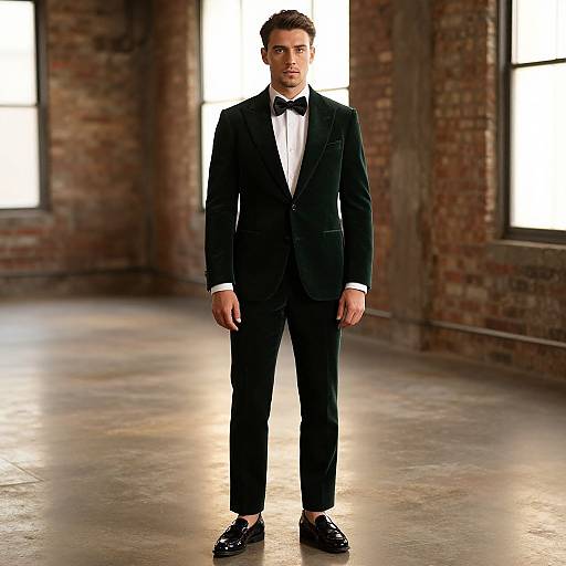 Photograph of a handsome man with short dark hair, wearing a black tuxedo, white shirt, black bow tie, and black shoes, standing
