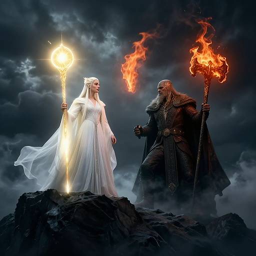 Digital illustration: White-robed, glowing woman with torch faces dark-robed, bearded man with fiery staff, standing on rocky terrain under stormy