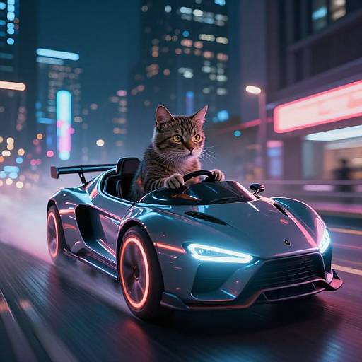 Photorealistic digital art: Neon-lit city night; tabby cat driving futuristic, blue, neon-accented sports car with glowing headlights and