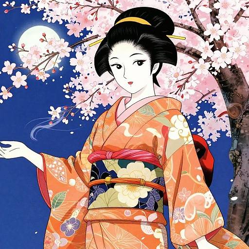 Digital anime-style illustration of a black-haired woman in an orange floral kimono, under a cherry blossom tree with a full moon.